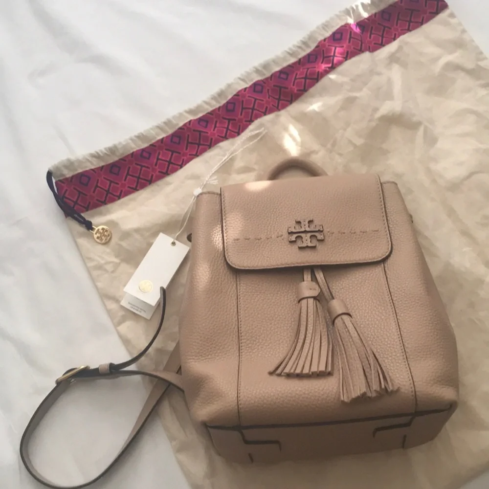 Tory Burch Blush Pink Leather Mini Backpack with Tassels